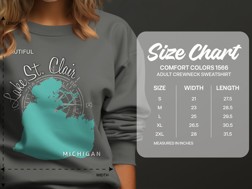 Comfort Colors 1566 size chart for adult crewneck sweatshirts.