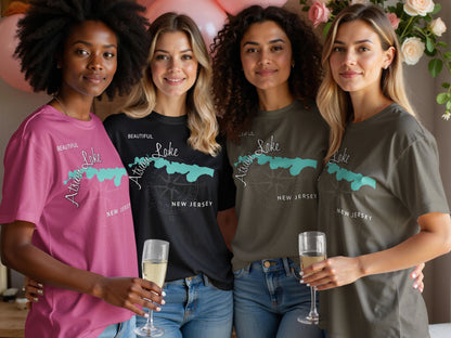Four women wearing t-shirts with Atsion Lake New Jersey design.