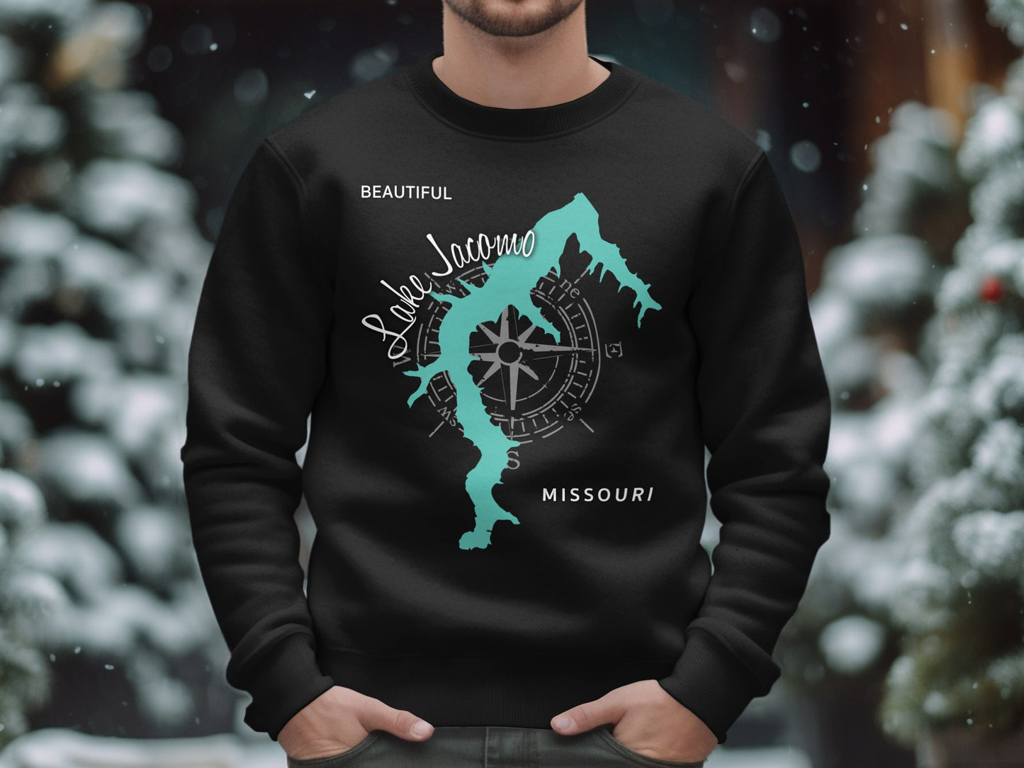 Black sweatshirt with Lake Jacomo Missouri map and compass graphic.
