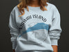 Light blue sweatshirt with Kiawah Island, South Carolina map and compass graphic.