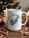 White mug with blue Rose Canyon Lake, Arizona map graphic and compass details.