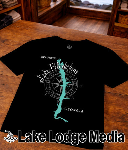 Black t-shirt with a teal compass rose and Lake Blackshear Georgia outline.