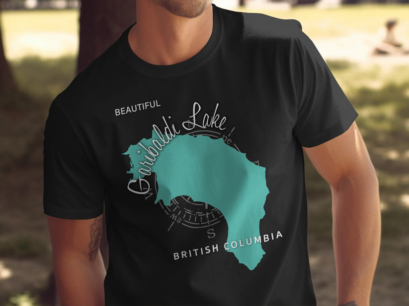 Black t-shirt featuring a teal map outline of Garibaldi Lake, British Columbia.