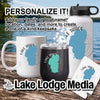 Lake Tahoe themed mug, tumbler, water bottle, and coaster on rustic wood.