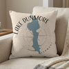 Lake Dunmore, Vermont map design on a beige throw pillow with compass rose.