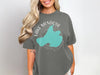 Gray t-shirt with turquoise Lake Mendota map and compass design, Wisconsin.