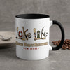 White mug with "Lake Life Round Valley Reservoir New Jersey" and lake-themed icons.