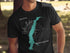 Black t-shirt with a turquoise outline of the state of Washington and "Lake Crescent" text.