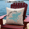 Light tan pillow with Squam Lake map design on a red Adirondack chair.