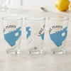Three clear glasses each featuring a blue map of Lake Perris, California.