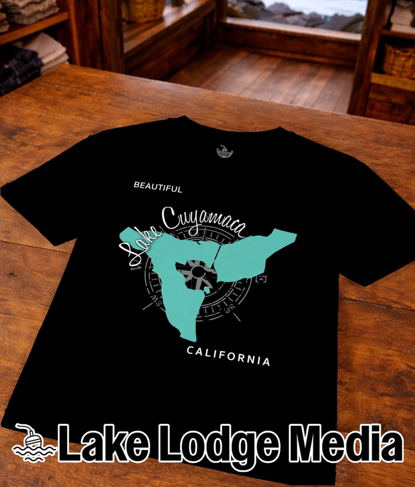 Black t-shirt featuring turquoise Lake Cuyamaca outline and "Lake Lodge Media" logo.