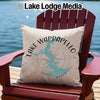 Pillow with Lake Wappapello map and compass design on a red chair.