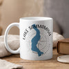 White mug with blue Lake Sammamish outline and compass, "Lake Sammamish Washington" text.