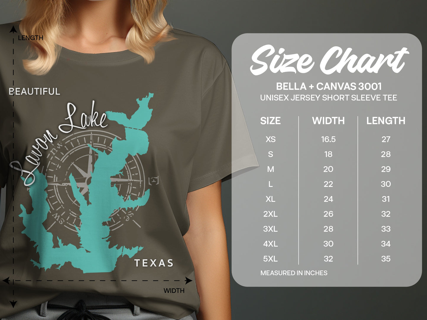 Unisex Bella + Canvas 3001 t-shirt size chart with Texas lake graphic.