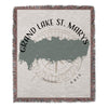 Woven blanket with map of Grand Lake St. Marys, Ohio, and compass rose.
