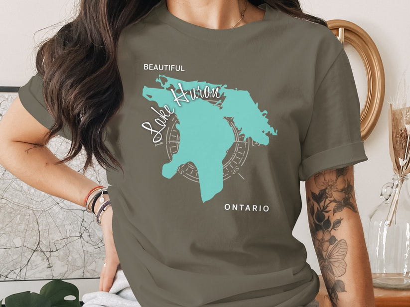 T-shirt featuring a turquoise map of Lake Huron with "ONTARIO" text.