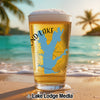 Beer glass with a blue lake outline and "END LAKE" text on a beach.