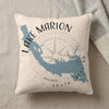 Pillow with blue Lake Marion map graphic, compass rose, and text.