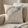 Raystown Lake Pennsylvania map and compass design on a textured beige pillow.