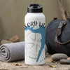 White water bottle with "FORD LAKE" and blue map design, next to a rolled towel.