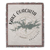 Woven blanket with Lake Ouachita map, compass, and Arkansas text.