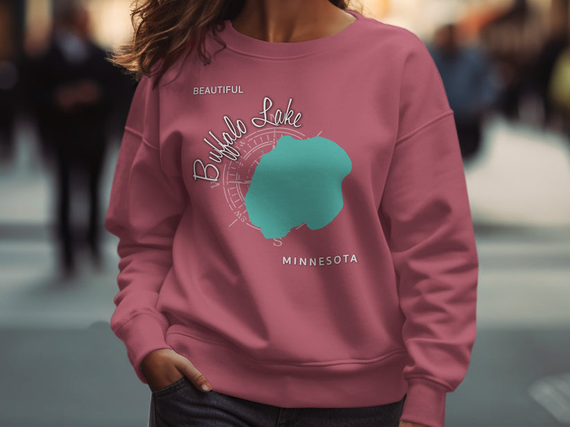 Buffalo Lake Minnesota sweatshirt with compass graphic.