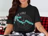 Black t-shirt with Alder Lake Washington map and compass graphic.