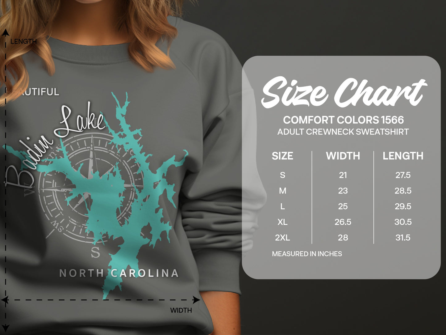 Size chart for Comfort Colors 1566 adult crewneck sweatshirt.