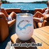 A white insulated wine tumbler with an Ashokan Lake map graphic sits on a wooden boat table.