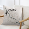 Pillow with Lake Chelan Washington map design and compass rose.