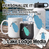 White mug, black tumbler, white water bottle, and a coaster with Black Lake maps.