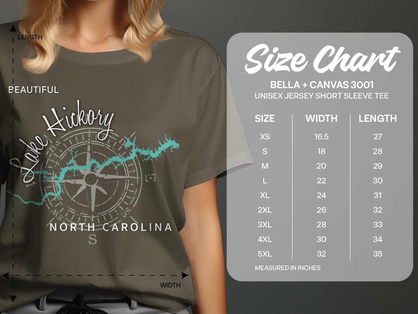 Size chart for Bella + Canvas 3001 unisex tee with Lake Hickory graphic.