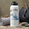 White water bottle with "Tray Lake" text and compass design.