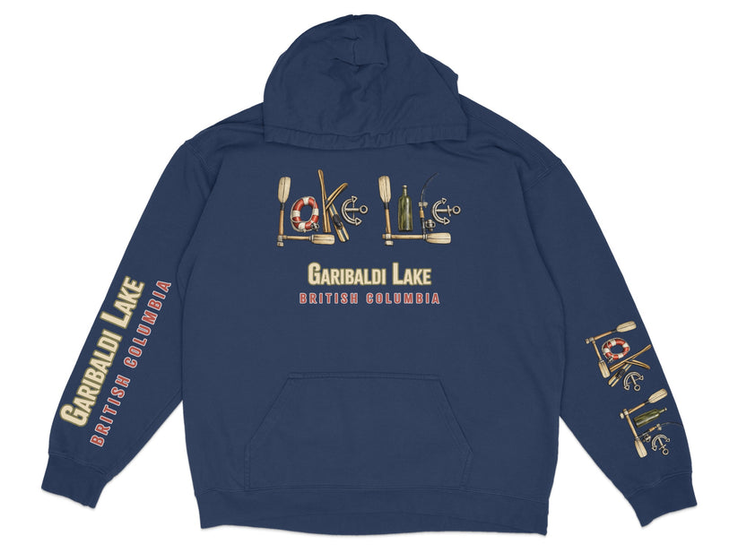 Navy hoodie with "Garibaldi Lake British Columbia" text and lakeside graphic designs.