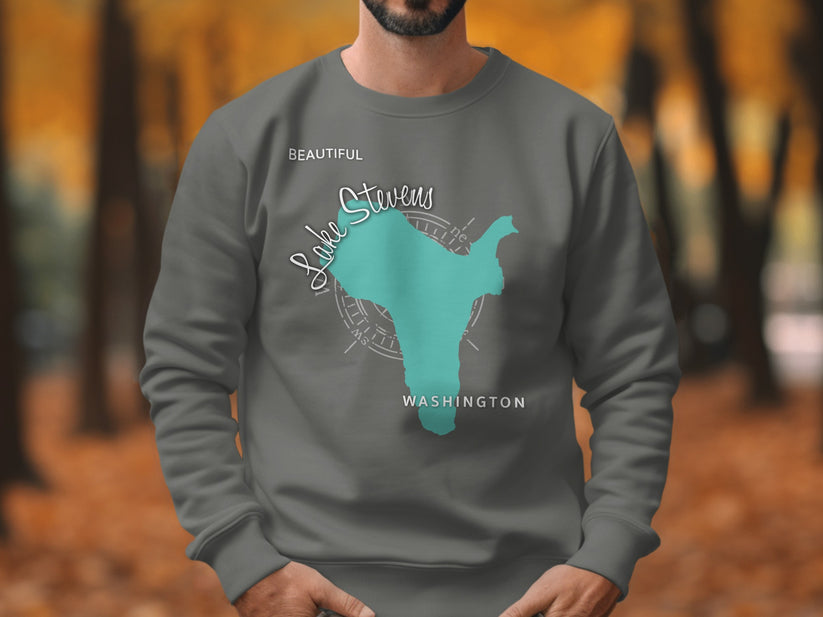 Grey sweatshirt featuring Lake Stevens, Washington outline with compass rose and text.
