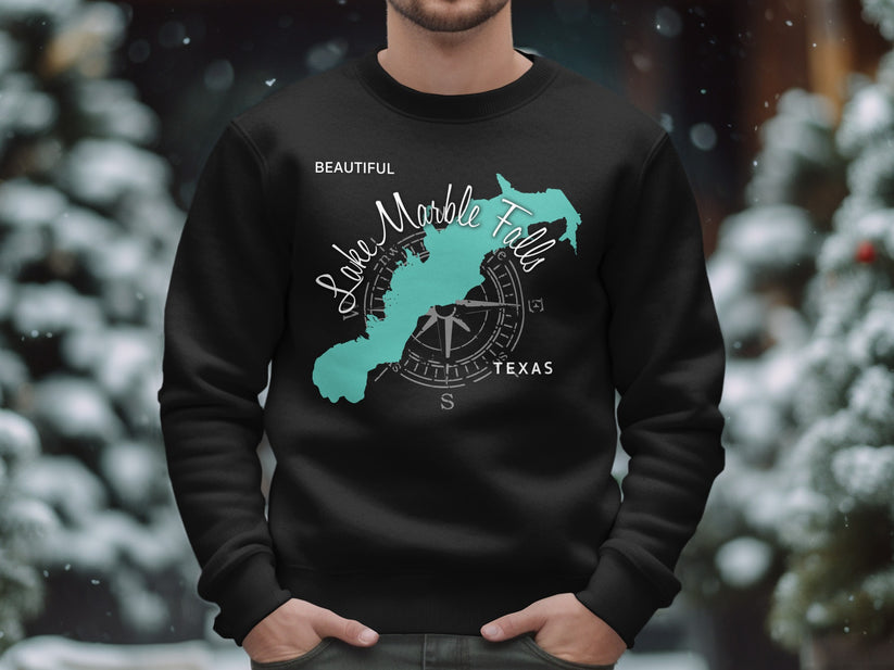 Black sweatshirt with "Lake Marble Falls Texas" and compass on turquoise map.