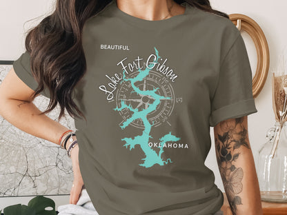 Olive green t-shirt with a blue map of Lake Fort Gibson, Oklahoma and compass rose.