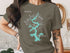 Olive green t-shirt with a blue map of Lake Fort Gibson, Oklahoma and compass rose.