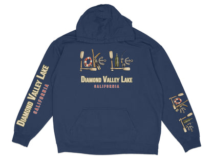 Navy hoodie with "Diamond Valley Lake California" text and water sport graphics.