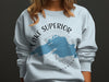 Light blue sweatshirt with Lake Superior map and compass design.