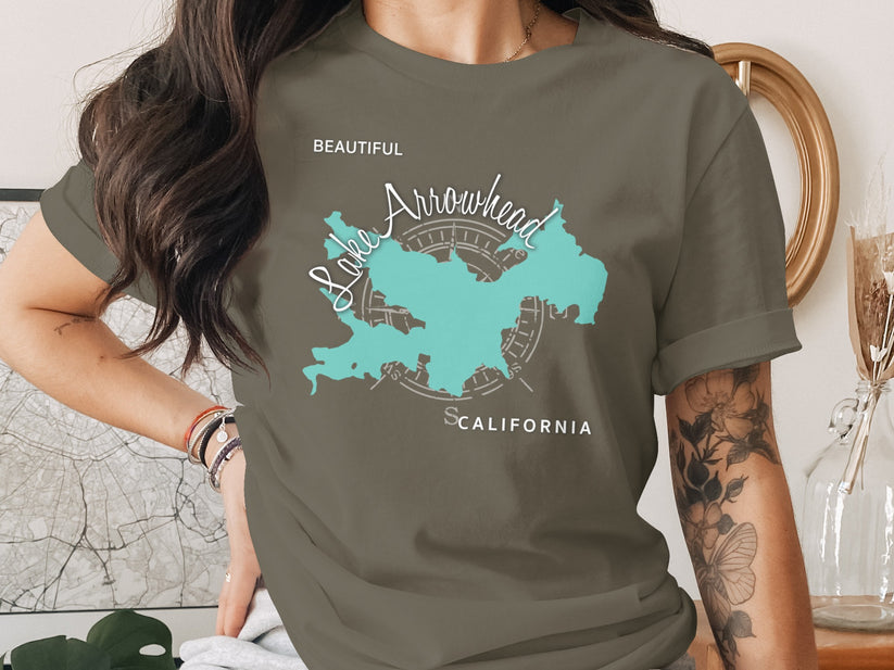 T-shirt with Lake Arrowhead, California map graphic and compass rose.