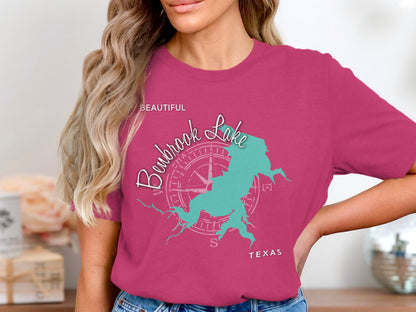 Pink t-shirt with a turquoise map of Benbrook Lake, Texas and compass rose graphic.