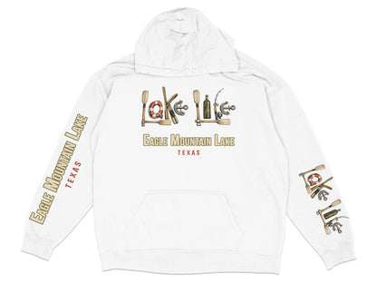 White hoodie with "Eagle Mountain Lake Texas" graphics on the chest and sleeves.