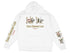 White hoodie with "Eagle Mountain Lake Texas" graphics on the chest and sleeves.