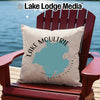 Pillow with Lake Moultrie map in teal on a beige background.