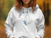 White hoodie with "Lake Tillery", North Carolina map, and compass graphic.