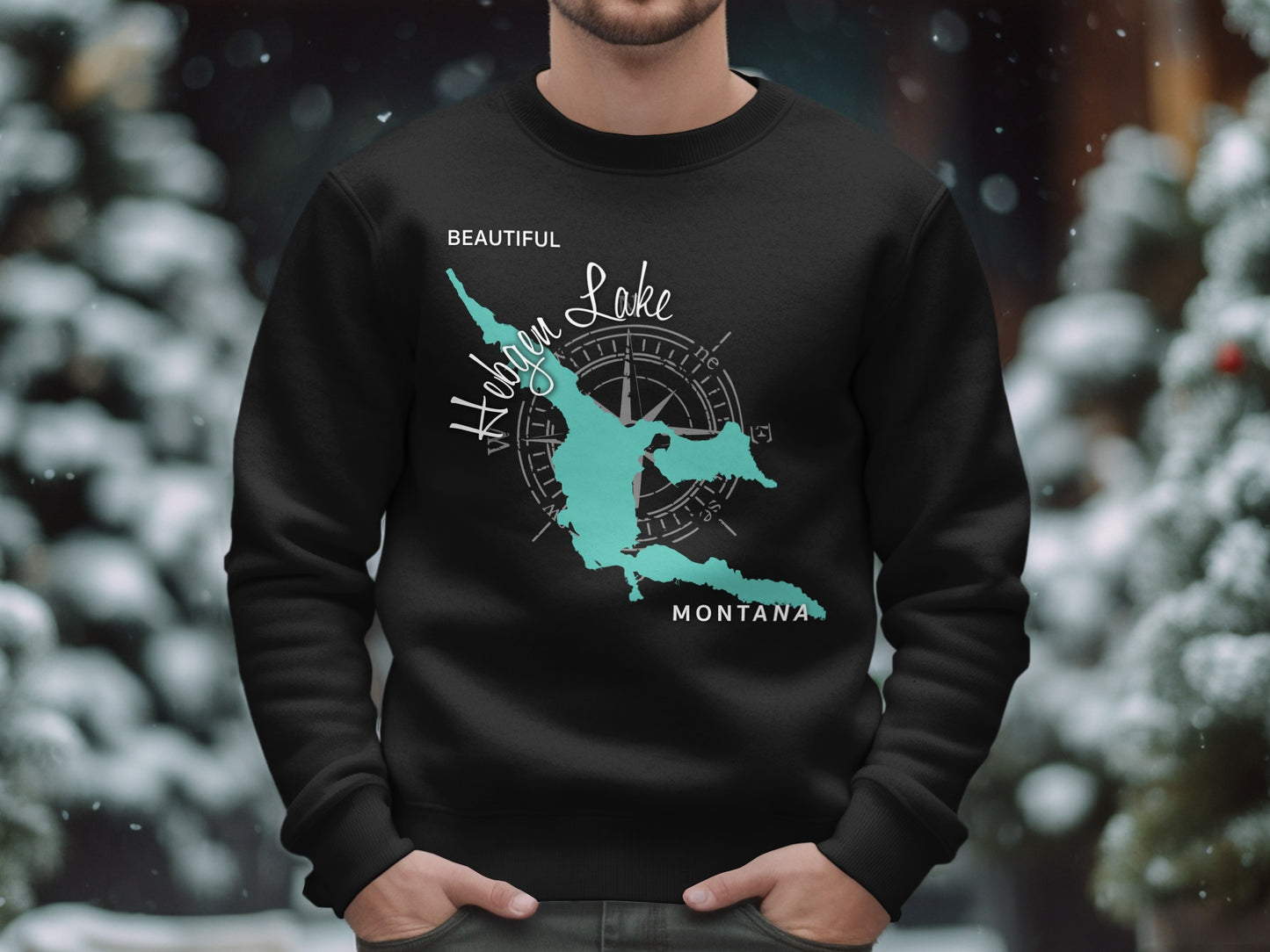 Black sweatshirt with teal map outline of Hebgen Lake, Montana.