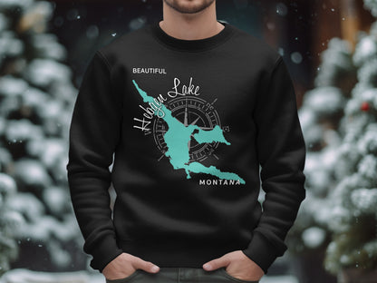 Black sweatshirt with teal map outline of Hebgen Lake, Montana.