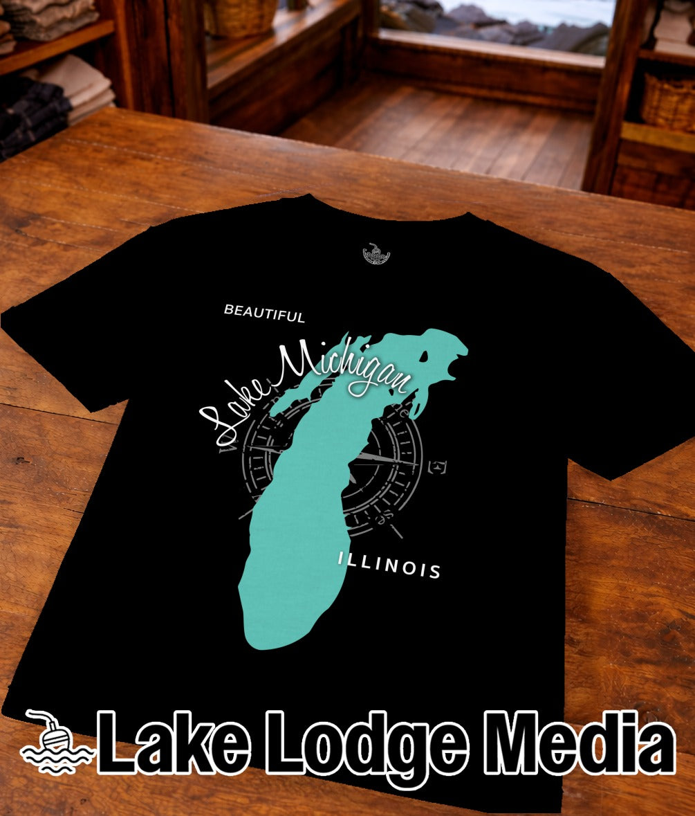 Black t-shirt with teal Lake Michigan outline and "Beautiful Lake Michigan Illinois" text.