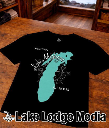 Black t-shirt with teal Lake Michigan outline and "Beautiful Lake Michigan Illinois" text.